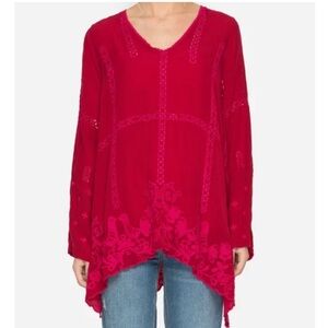 Johnny Was Cage Flare Long Sleeve Tunic Red birds petite medium embroidered boho